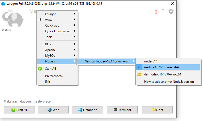 install nodejs 16 laragon
